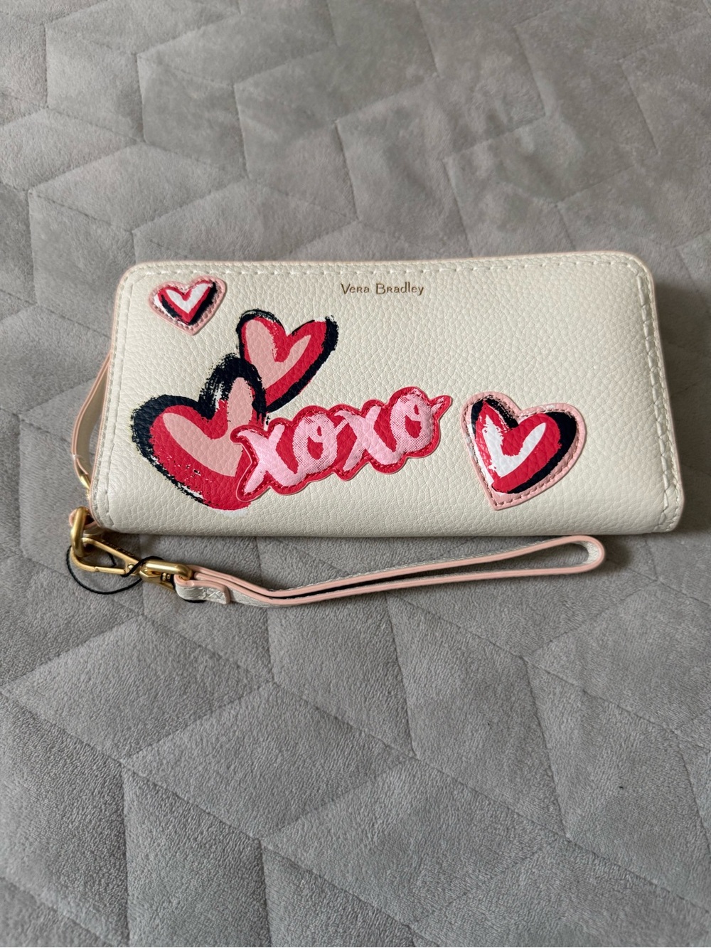 Vera Bradley Cream Wristlet Wallet with Pink Heart XOXO Design